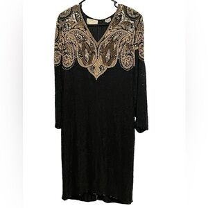 Cache vintage 100% silk black and gold long sleeve fully sequins and beaded gown